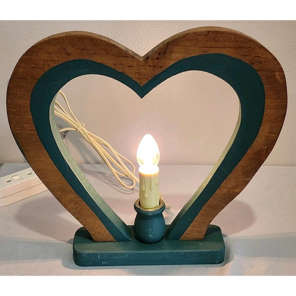 Vintage Wooden Heart Cottagecore 10" Brown and Green Lamp